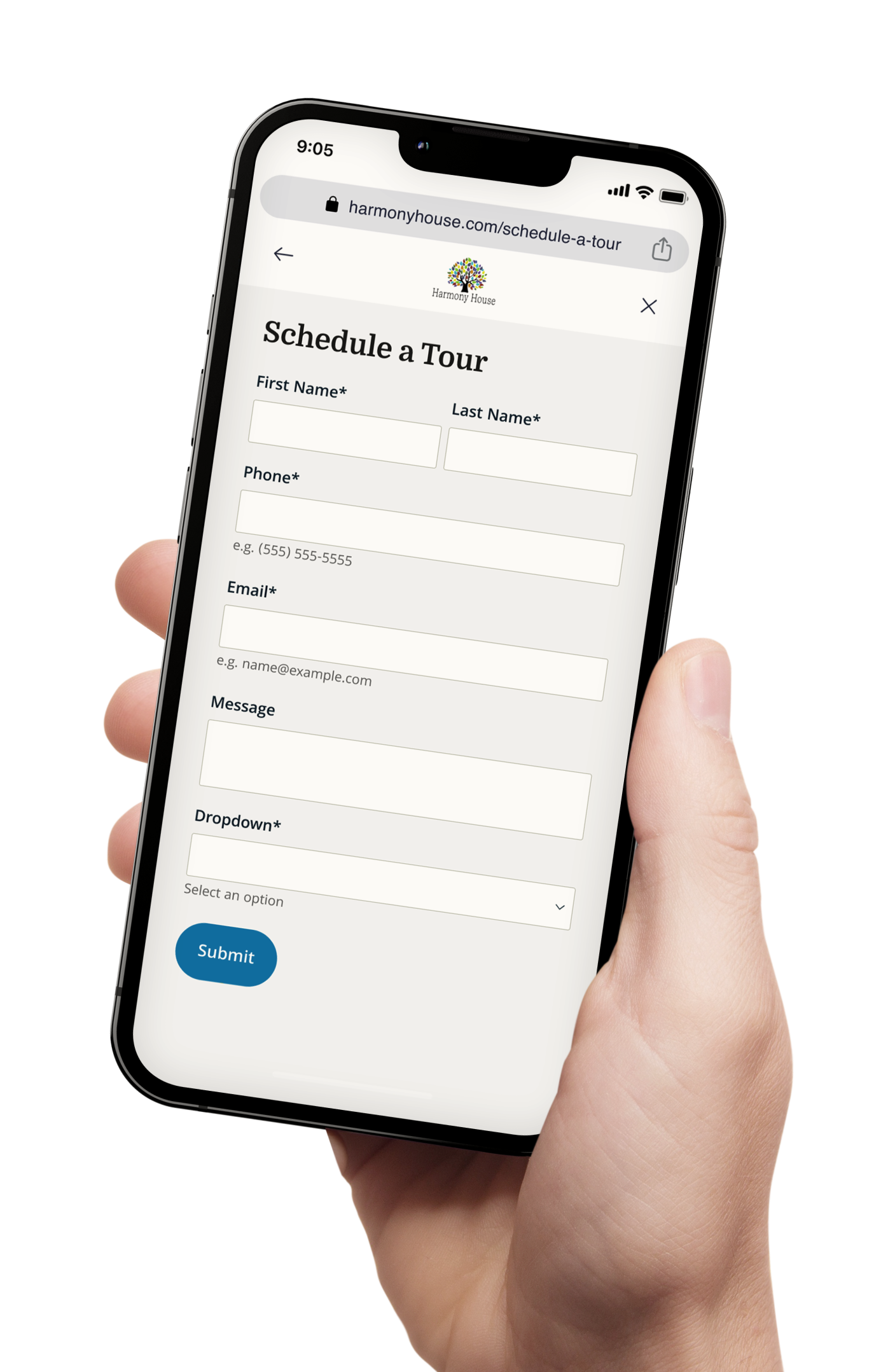 Phone showing booking form, being held by hand